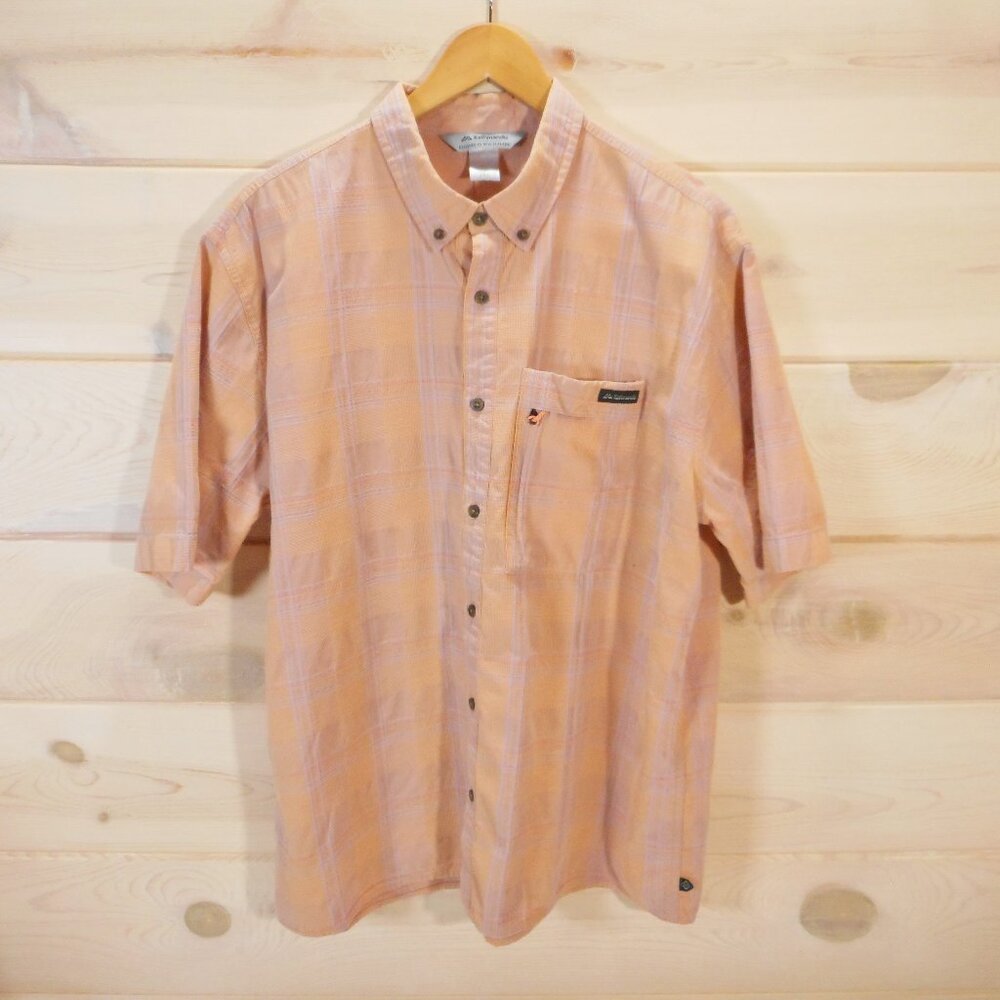 Kathmandu Men's Size 2XL Button-up Short Sleeve Shirt Peach Plaid Pocket Outdoor